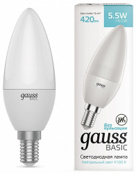 Лампа Gauss Basic Свеча E14, 5,5 Вт, 420ЛМ, 4000K