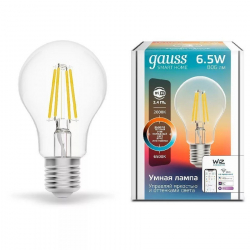 Лампа Gauss Smart Home Filament А60 E27, 6,5 Вт, 806ЛМ, 2000-6500К, изм.цвет.темп.+диммирование